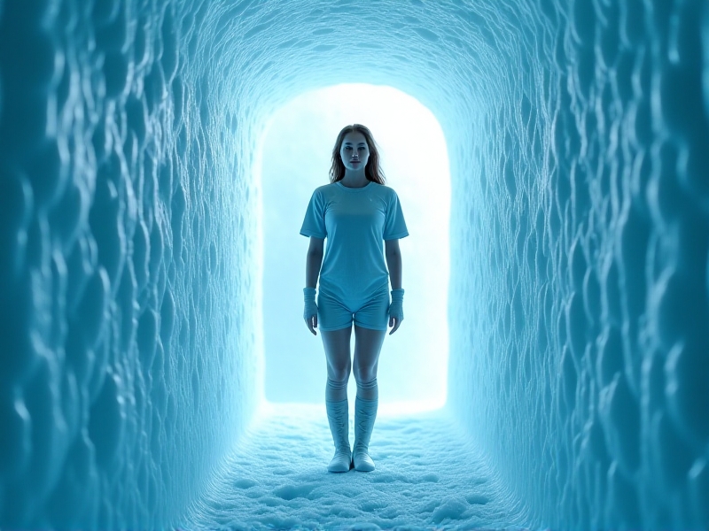 A close-up of a cryotherapy chamber with frost-covered walls, emitting a cool mist. A person stands inside, wearing protective gloves and socks, with a serene expression. The lighting is soft and blue-toned, creating a calming and futuristic atmosphere.