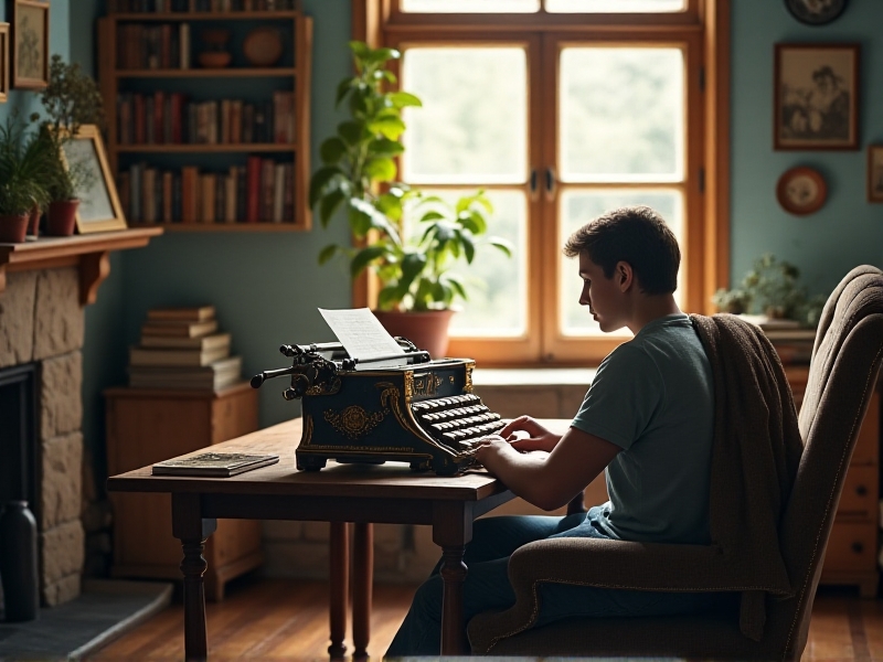 A writer typing on a vintage typewriter in a cozy home office, with soft natural light streaming through a window, creating a serene and creative ambiance.